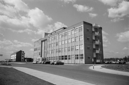 External view of the original LMB building, taken from the hospital side looking up from the Hills Road end.
