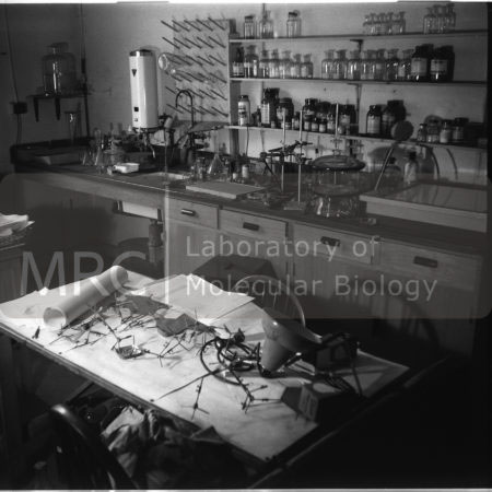 Rosalind Franklin's laboratory at 21 Torrington Square, London (part of Birkbeck College). Photographed by John Finch shortly after Franklin's death in 1958. More photographs from this series can be seen in the Models & Artefacts section of the website.