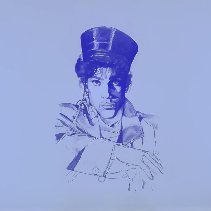 A digital drawing in purple depicting a portrait of a figure