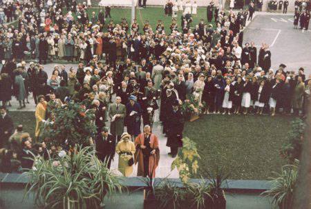 View from MRC Laboratory of Molecular Biology of The Queen arriving to open the building, 28th May 1962