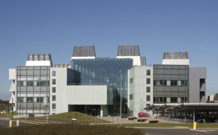 Exterior view of LMB building from east, showing front entrance
